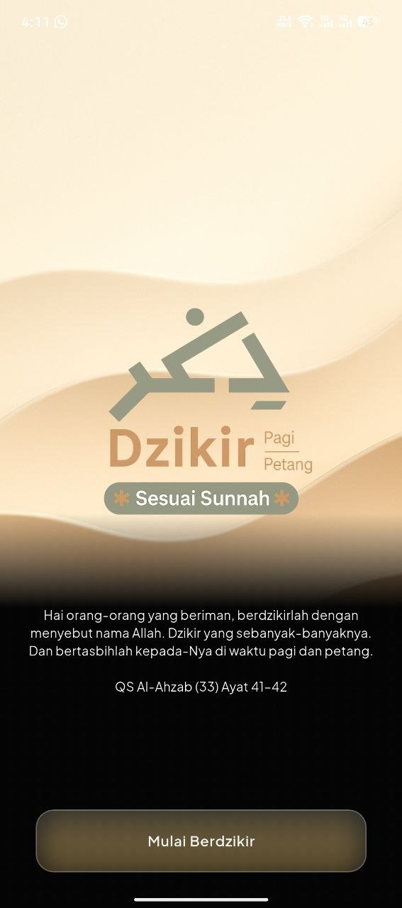 Tampilan utama aplikasi Dzikir Pagi Petang